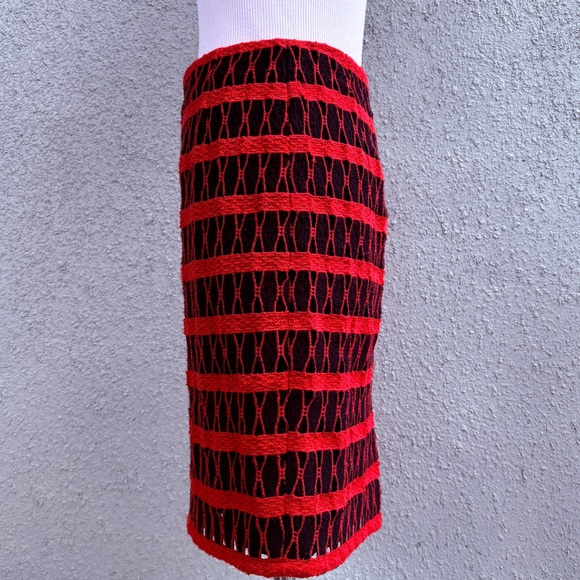 W Worth Black Red Midi Straight Skirt Size 4 Woven Striped Lined Pencil Retro - Picture 6 of 15